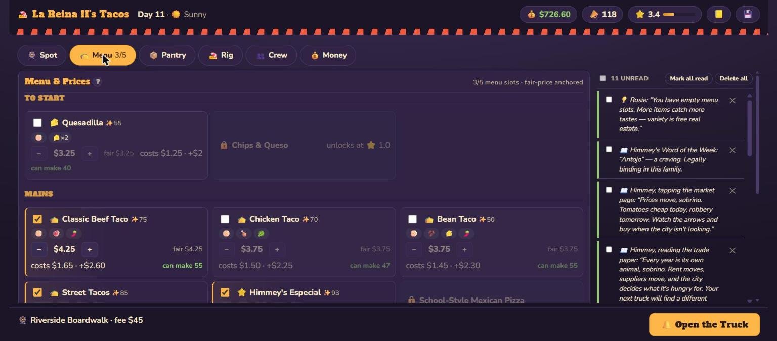 The menu and prices screen in Taco Truck Tycoon, showing each recipe's fair price, cost, and how many can be made.